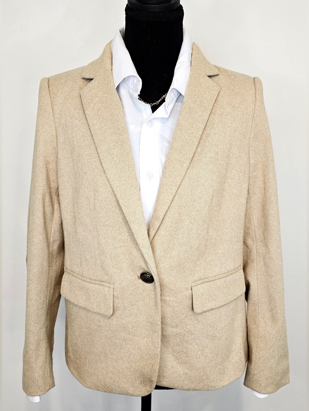 LOFT Petite Herringbone Blazer Suede Elbow Patch Academia Preppy Teacher Jacket - Picture 2 of 13